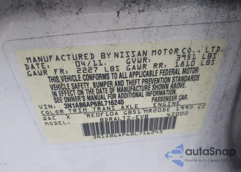 2011 Nissan Sentra 2.0S z USA, uszkodzony, nr VIN 3N1AB6AP6BL716245